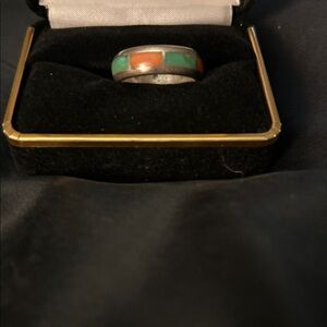 Source Unknown Sterling Silver Ring With Turquoise and Coral Stones